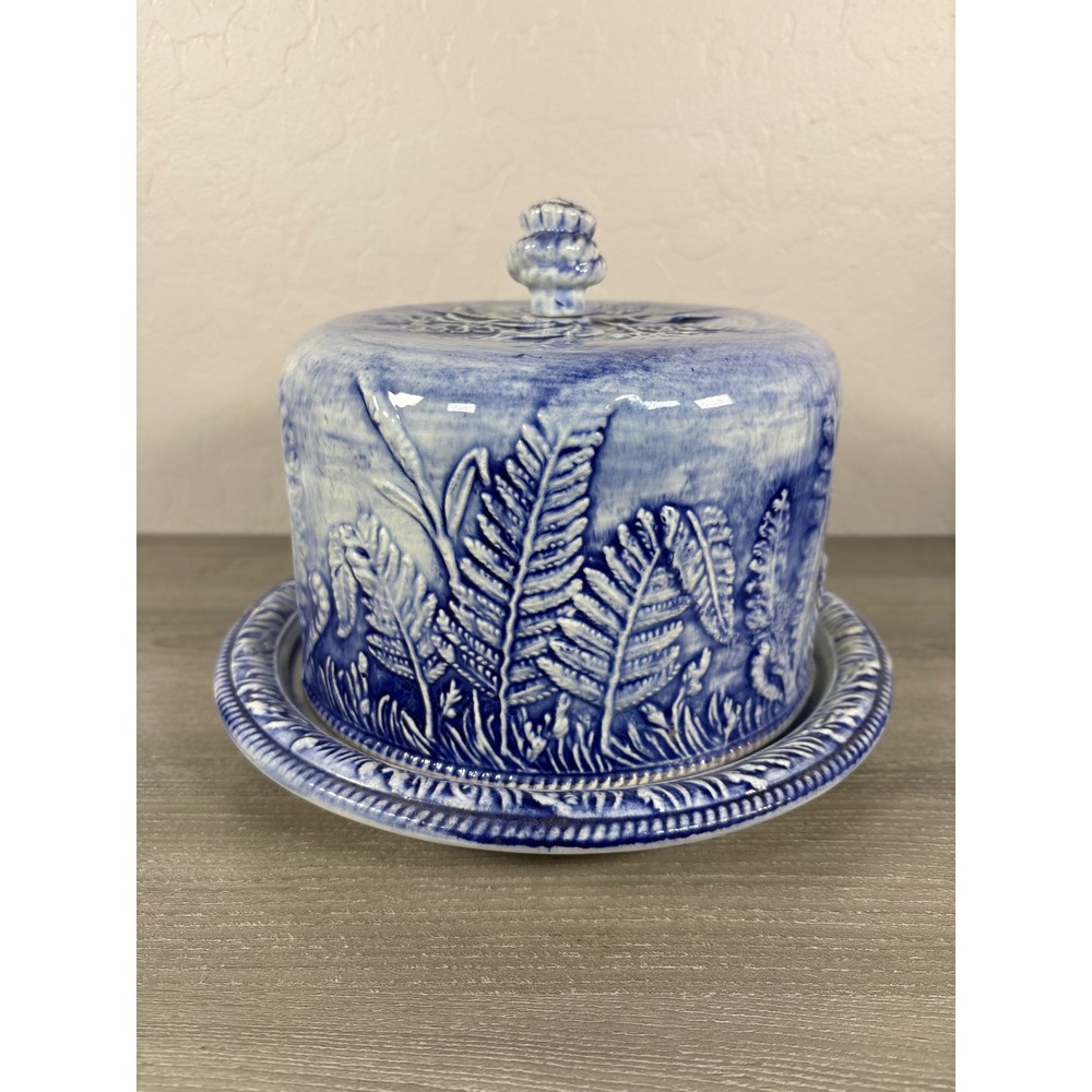 RARE! Antique Majolica Ironstone Domed Fern Cheese Keeper Blue White Marked!